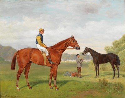 Arulo en Komamasszony, twee zegevierende renpaarden van de baron Hermann von Konigswarter met jockey Robert Adams door Emil Adam